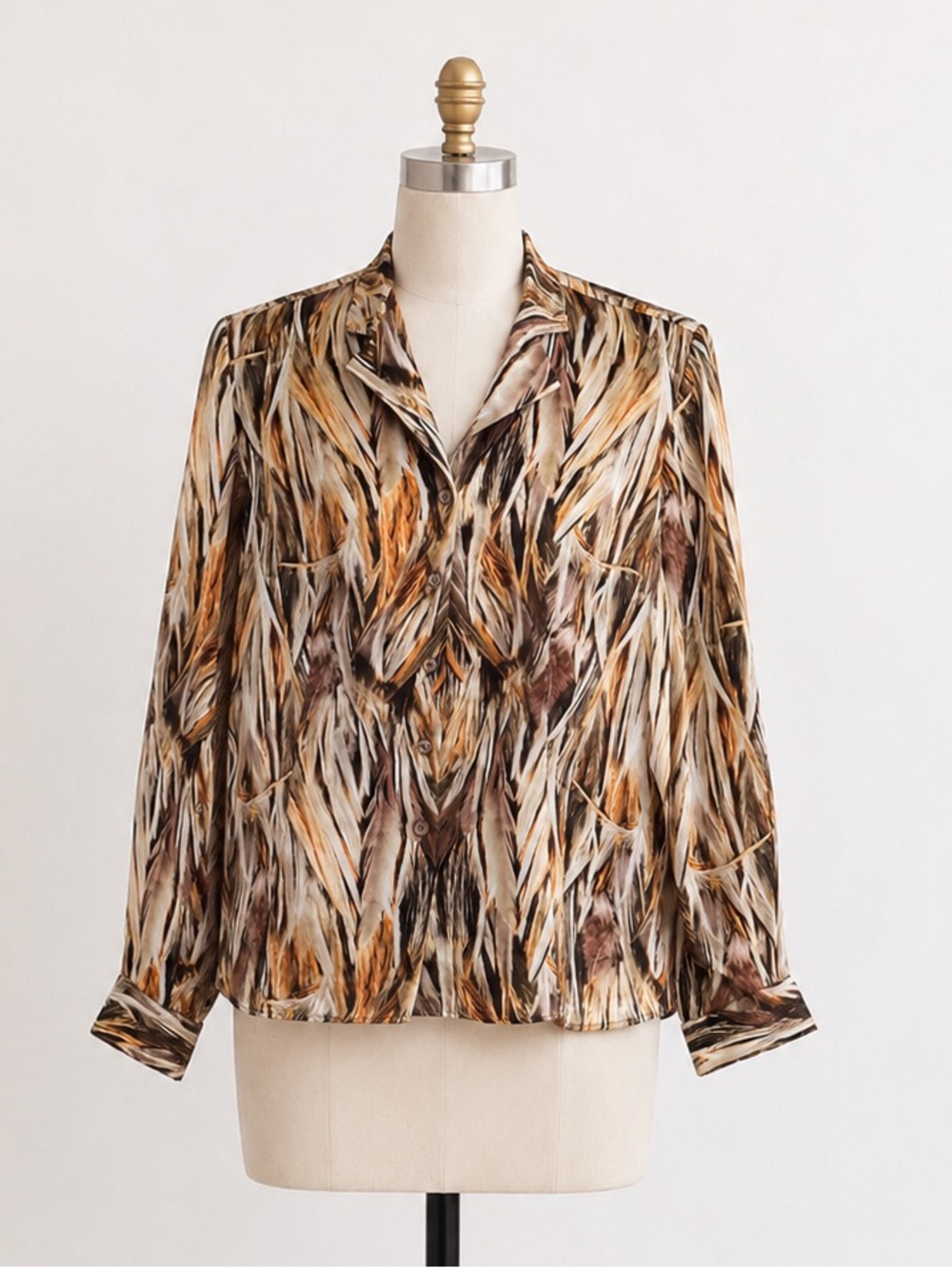 Lafayette 148 New York 100% Silk Blouse Abstract Feather Print Old Money Luxe 4P